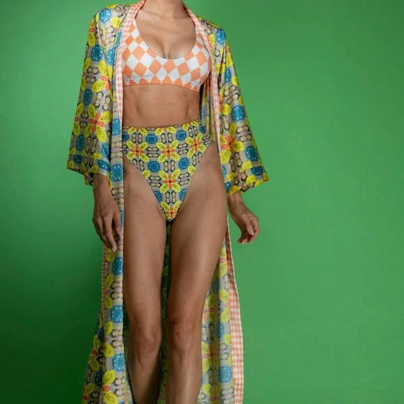 Frida Kahlo Inspired High Waisted Bikini Set Colorful Retro Boho Swim NWT - Picture 1 of 6